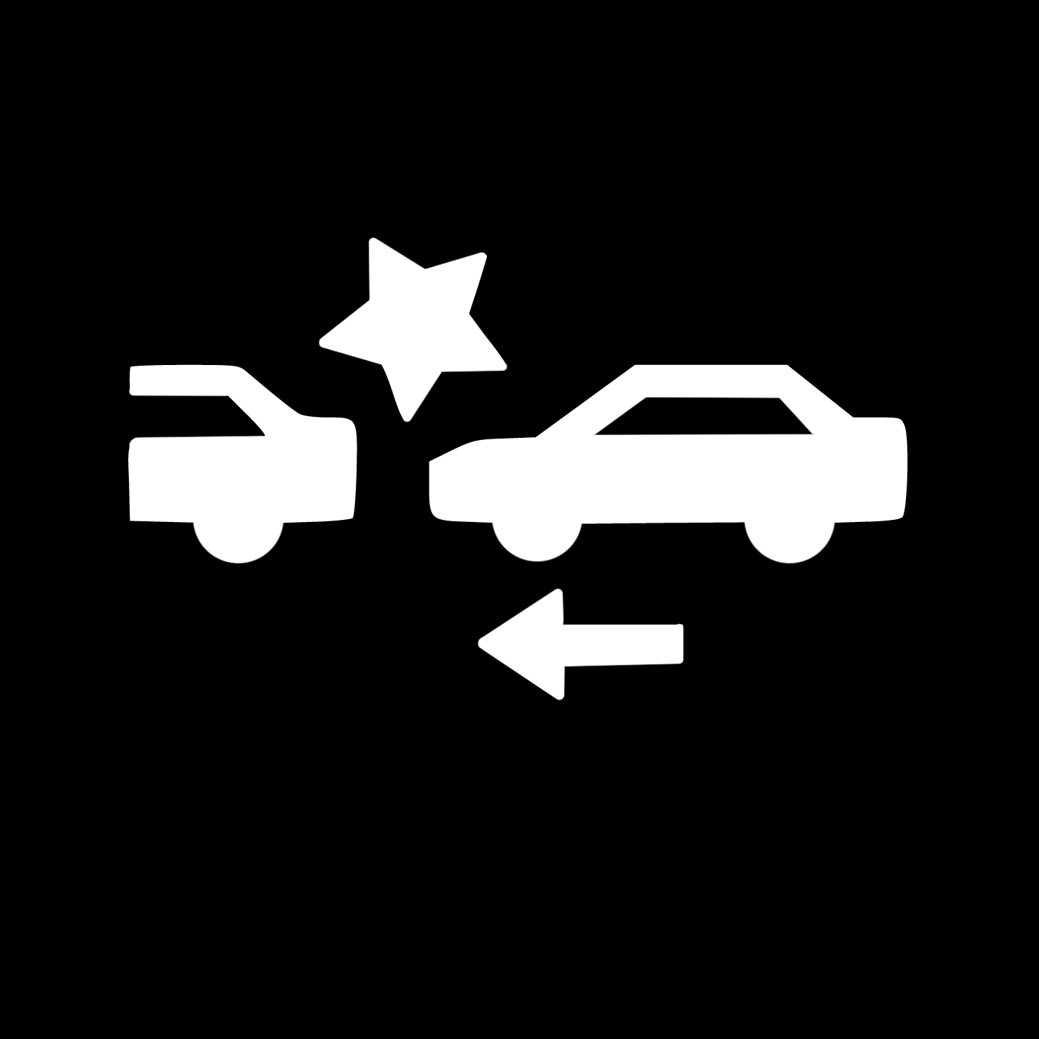 fehér autók között csillag, balra nyíl világít a műszerfalon
